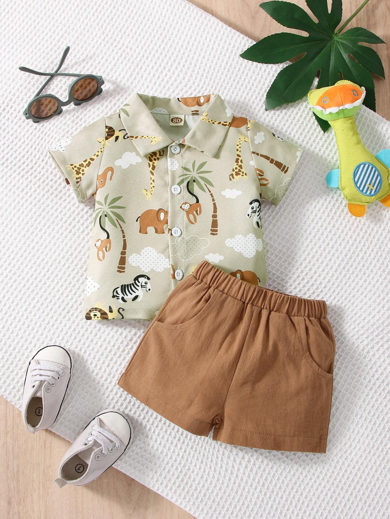 Summer baby boy cartoon animal print short-sleeved turtleneck shirt and khaki shorts set 68 хаки
