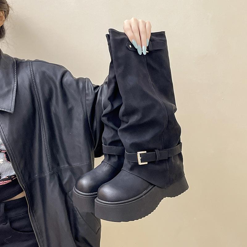 Fashion retro round head thick-soled high tube fashion boots women's 2025 autumn and winter new outer wear solid color with coat trousers boots