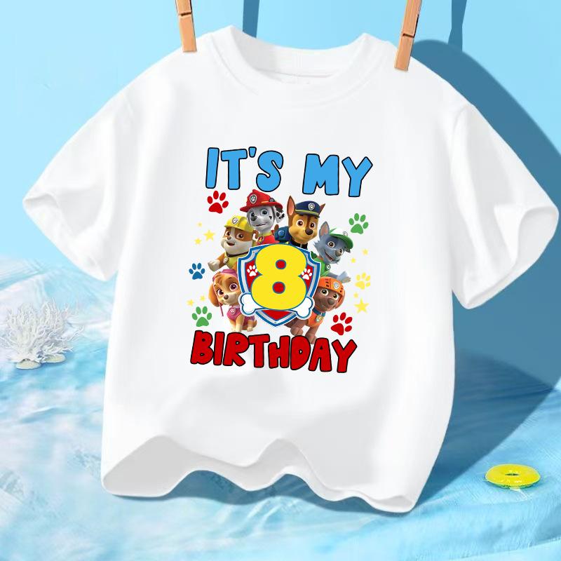 Paw Patrol Children Birthday T-shirts Cartoon Anime Numbers 1-9 Printed Tops Boys Girls Summer Clothes Kids Party T-shirt