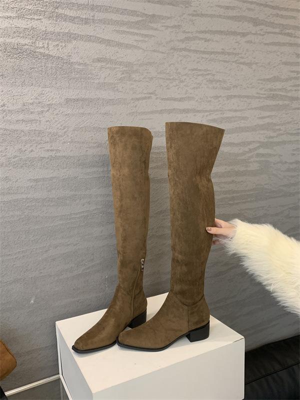 2025 Autumn and Winter New Square Head Thick Heel Simple Versatile Zipper High Boots