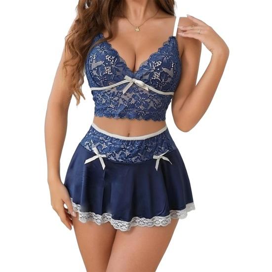 Sexy Pyjama-Set für Damen Durchsichtiges Spitzen-Crop-Top mit V-Ausschnitt mit BH und kurzem Rock Sommer Zweiteiliges Nachtwäsche-Pyjama-Set