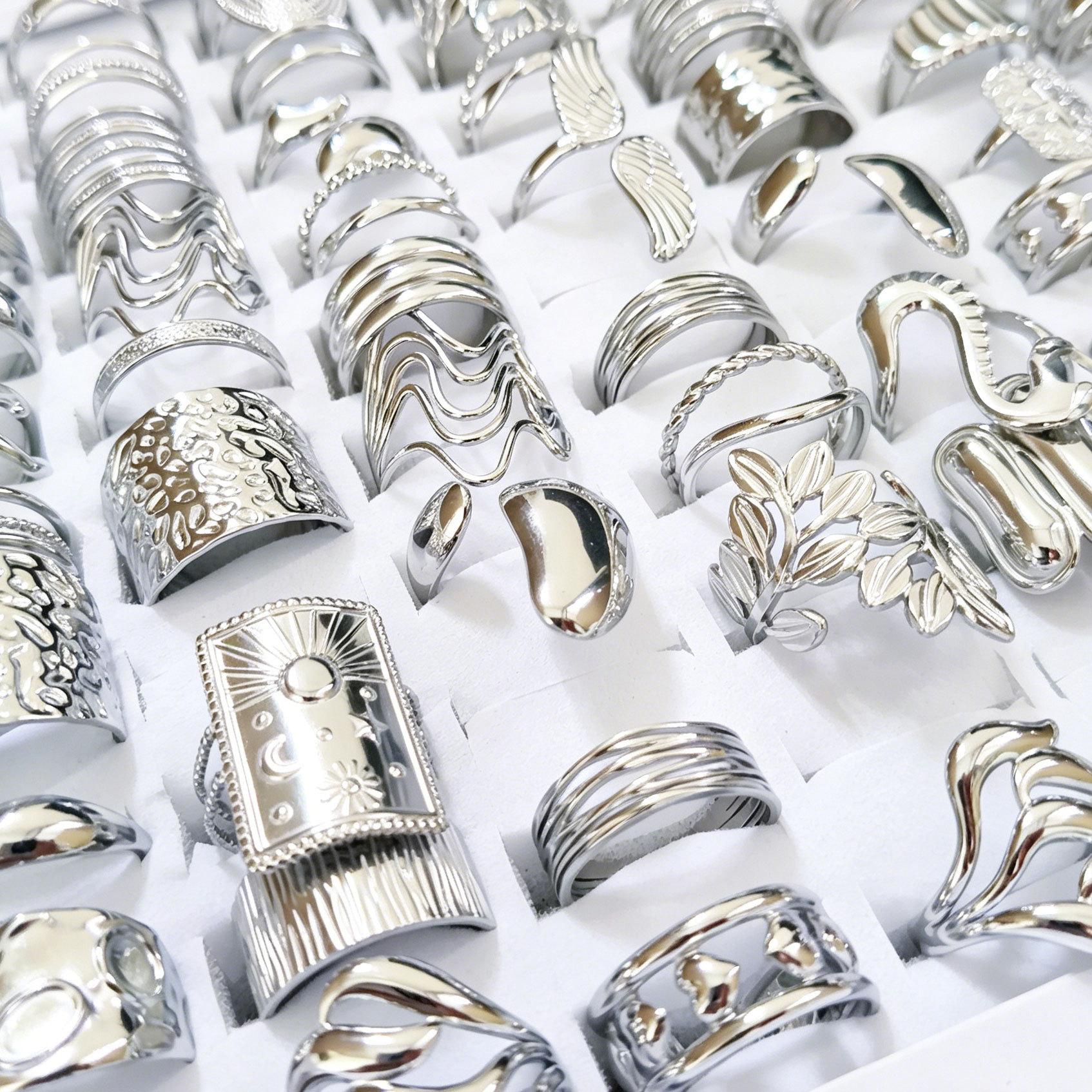 10Pcs Stainless steel geometric engraved ring, alloy open ring finger ring