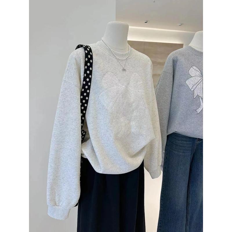 Lace Embroidered Bow Autumn Korean Style Versatile Long-sleeved Pullover Round Neck Sweatshirt Casual Women's Top