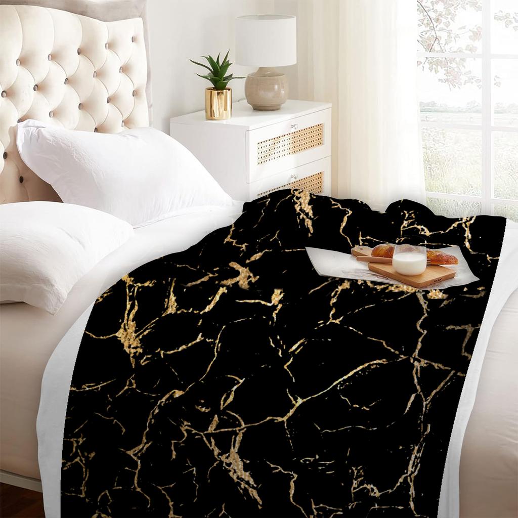 1pc Black Blanket Veined Marble Printed Luxury Comfortable Flannel Blanket for Home Living Room Bedroom Decoration Birthday Gift