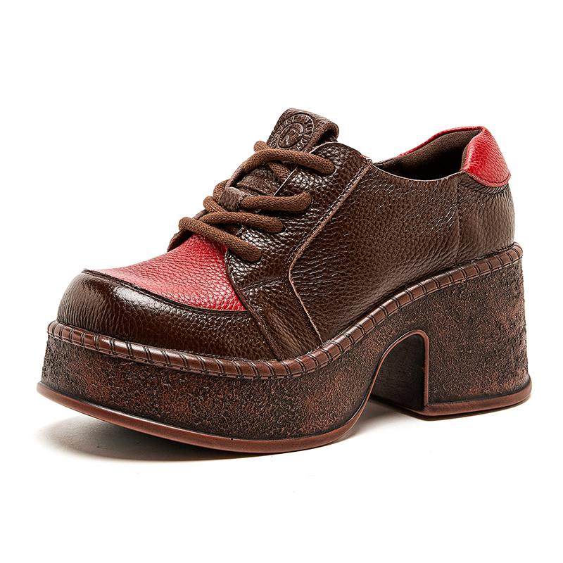 Fashion GKTINOO 2025 Autumn New Lace Up Retro Genuine Leather Shoes Pumps Mixed Colors Thick Soled Comfortable Women's Platform Shoes