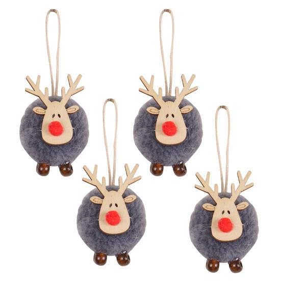 4 Pcs Christmas Elk Ornaments Felt Reindeer Plush Hanging Decorations with Wooden Head Fluffy Deer Pendants for Christmas Party Home Decor