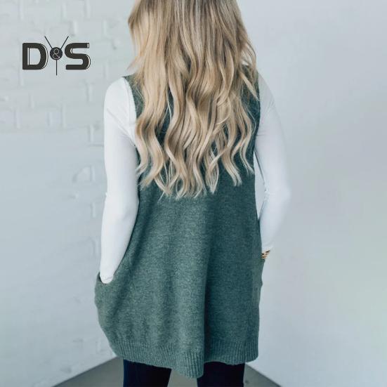 Women Sweater V-neck Sleeveless Solid Color Knitting Vest with Pockets Ribbed Trim Loose Fit Mid-length Casual Knitwear