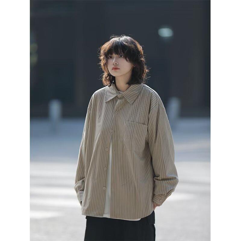 A Yu Dai Spring and Autumn Japanese Style Retro Underwear Striped Long-Sleeved Shirt Men's Loose Preppy Brushed Shirt Coat Women's Fashion
