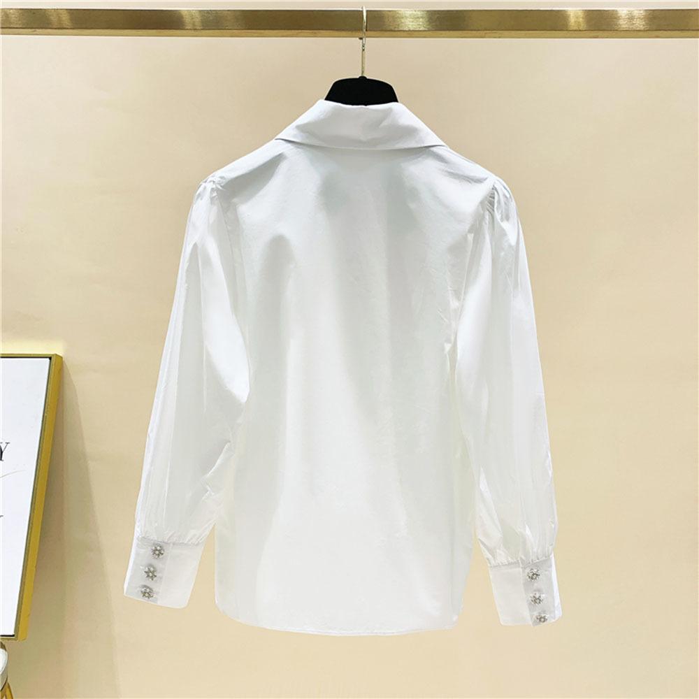 High Quality Pearls Diamonds Collar White Shirt Women Tops Mujer Spring Arrival OL Elegant Blouse Tops Camisas Mujer