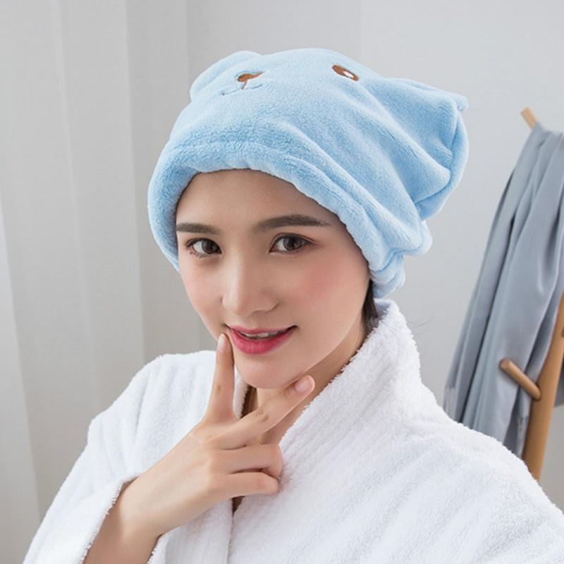 Cute Bear Thick Coral Fleece Microfiber Bath Towel Hair Dry Quick Drying Lady Bath Towel Soft Shower Cap