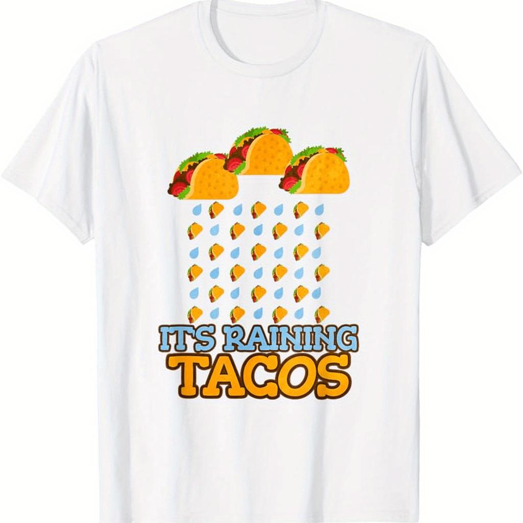 Mens Funny Mexican Food Graphic TShirt Its Raining Tacos Design with Taco Rain Clouds Sombrero