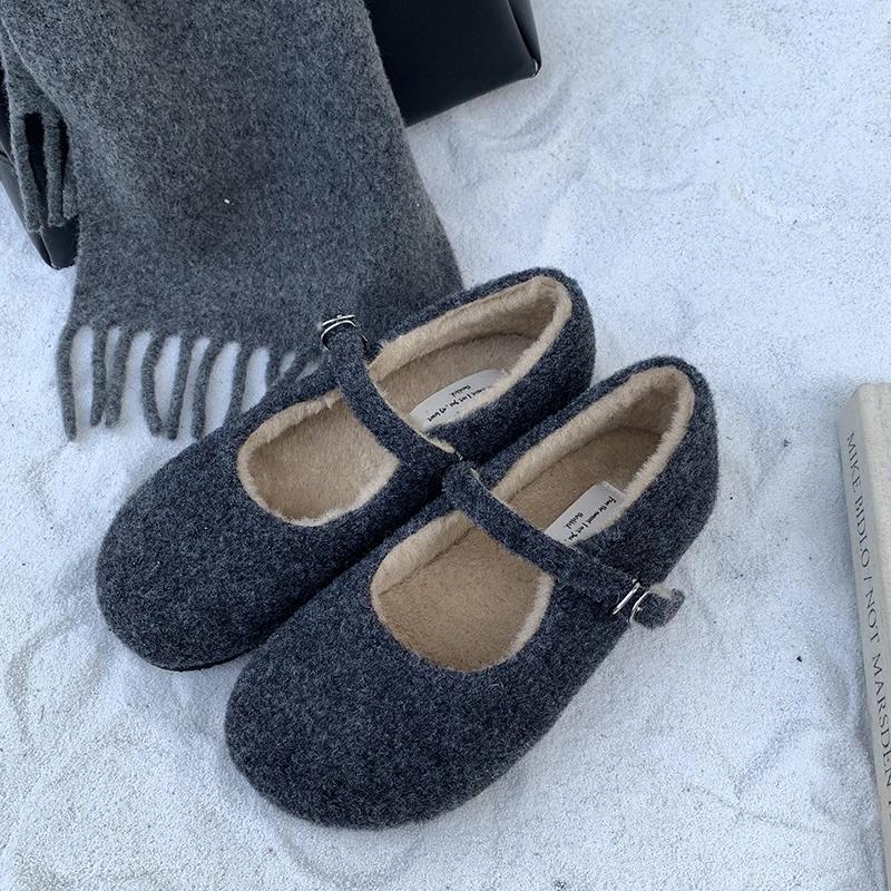 Módní Zimní Teplé Fleecové Dámské Boty Mary Jane Módní Mělké Roztomilé Baleríny Pohodlné Venkovní Boty s Měkkou Podrážkou