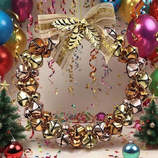 Bell Wreath Christmas Beaded Bell Wreath with Bow Small Jingle Bell Garland Ornament for Christmas Home Tree Decor