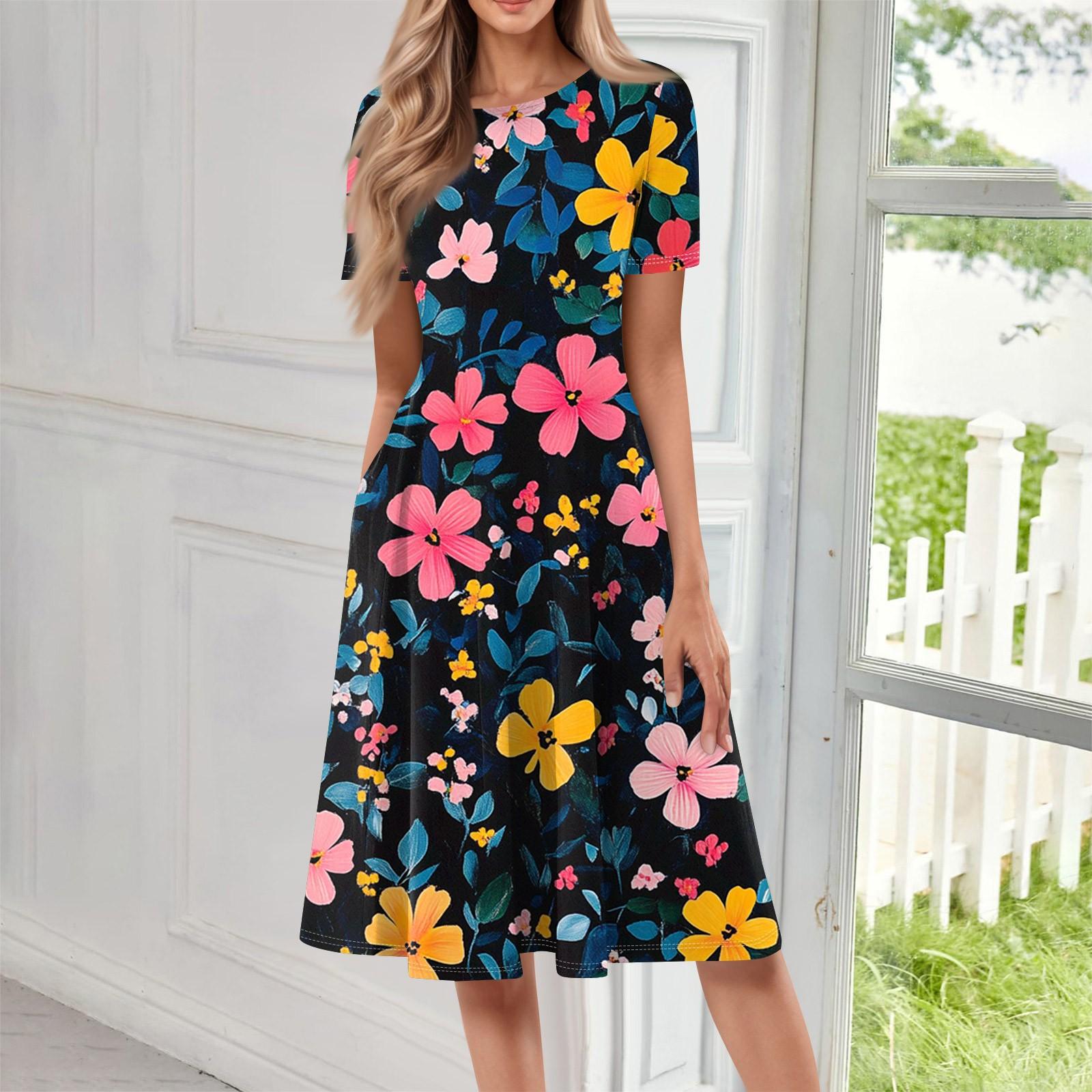 

Женское свободное повседневное и модное платье с круглым вырезом и короткими рукавами, средней длины с принтом S