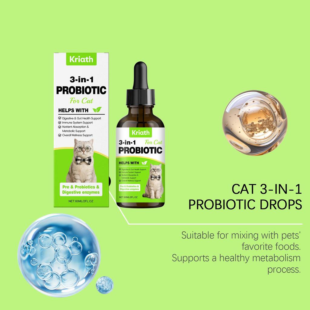 Kriath Cat Probiotic Drops 60ml - 3-in-1 formula promotes gut balance & comfort, boosts gut health & immunity, pet health care product.