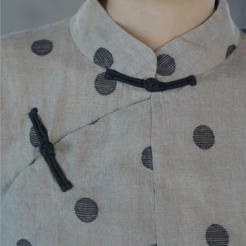 Johnature Women Vintage Linen Shirts Polka Dot Stand Long Sleeve Tops Spring Chinese Style Button Blouses