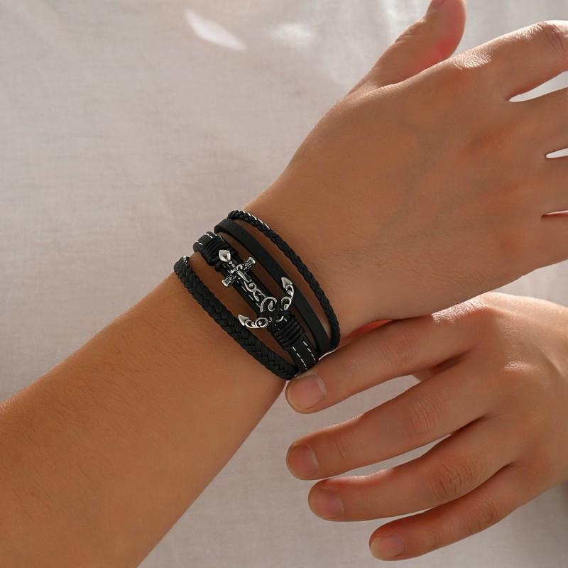 Personalized Fashion Retro Leather Stainless Steel Bracelet Multi Layer Braided Rope Black Series Men's