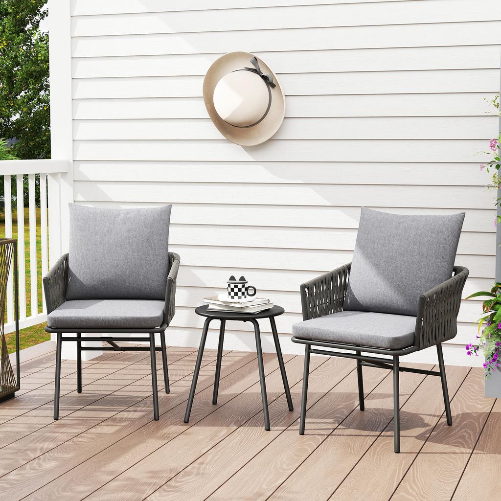 3-Piece Rattan Bistro Set, Garden Table and Chairs with 4 Cushions, Patio Rattan Conversation Furniture Set for Balcony, Porch, Terrace, Grey