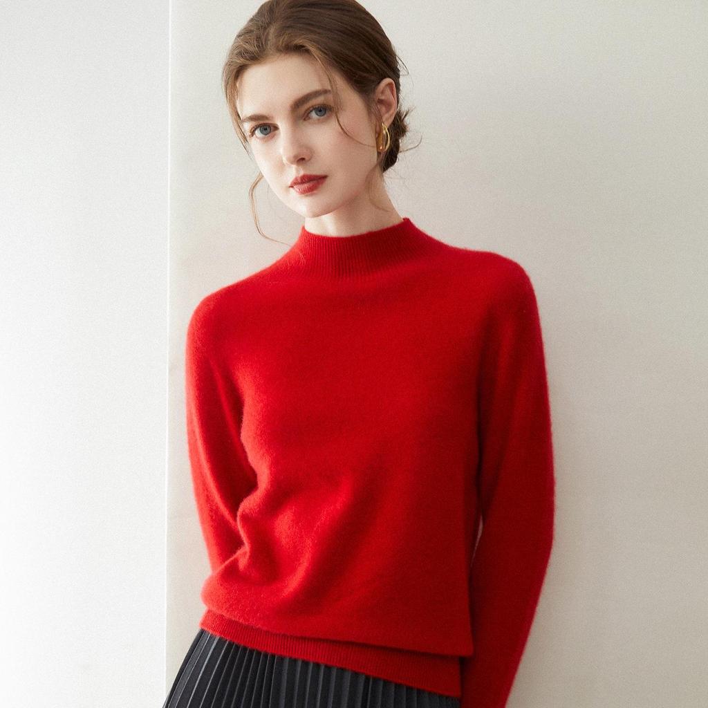 Elegant 100% Pure Cashmere Sweater for Women - Half-High Neck, Solid Color Pullover, Perfect for Autumn/Winter