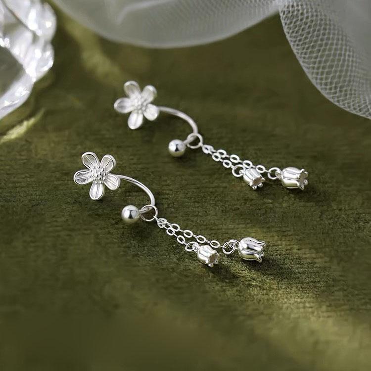 BF CLUB 925 Sterling Silver Earrings For Women Trendy Flower Tassel Earring Jewelry Prevent Allergy Party Accessories