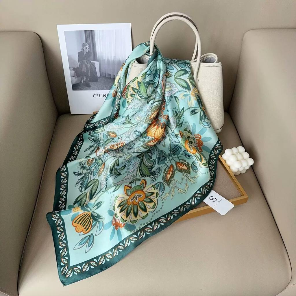1Pcs Plant-Printed Silk Square Scarf Women Hijab Hair Bands Neckerchief Female Satin Shawl Ribbon Headband Fashion Wraps Bandana