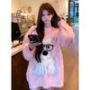 Womens Oversized Cartoon Dog Jacquard Knit Sweater Fall Winter Soft Crew Neck Pullover In Pink Black