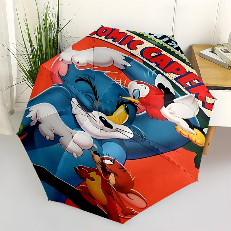 1pc Tom & Jerry's Comic Capers Automatic Folding Umbrella - Compact 8-Rib Design, Durable Plastic & Iron1267L
