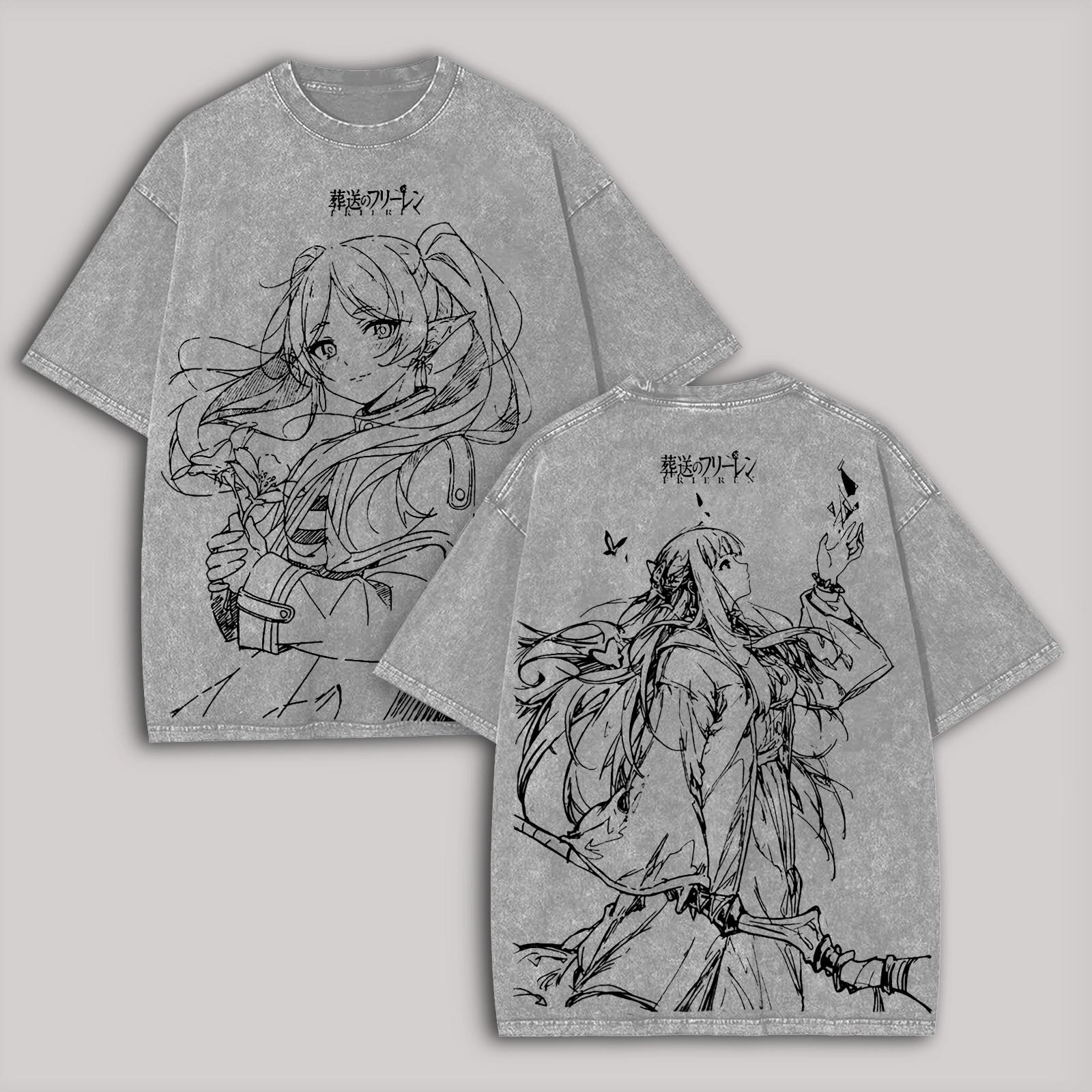 

Manga Frieren Graphic T-shirt Casual Pure Cotton Short Sleeve Tees Vintage Washed Oversized T Shirt for Men Women Clothing S серый