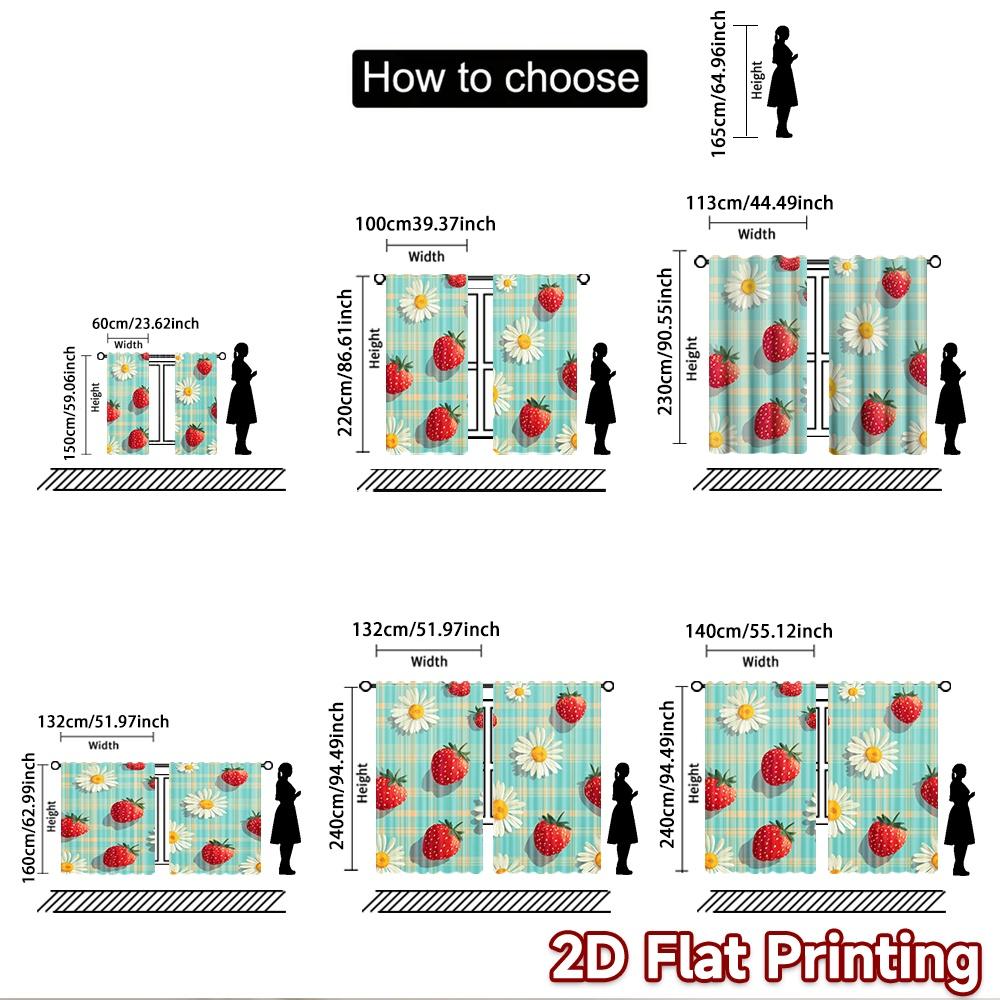 2D Flat Printing 2pcs Drapes Cute Strawberry Daisy Gingham Digital Printed Polyester Drapes Festive Curtains Use for Festive and
