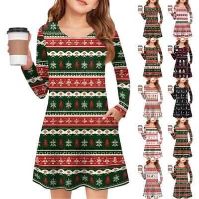 Weihnachtstag Mädchen Langarmkleid - Farb-Taschenkleid