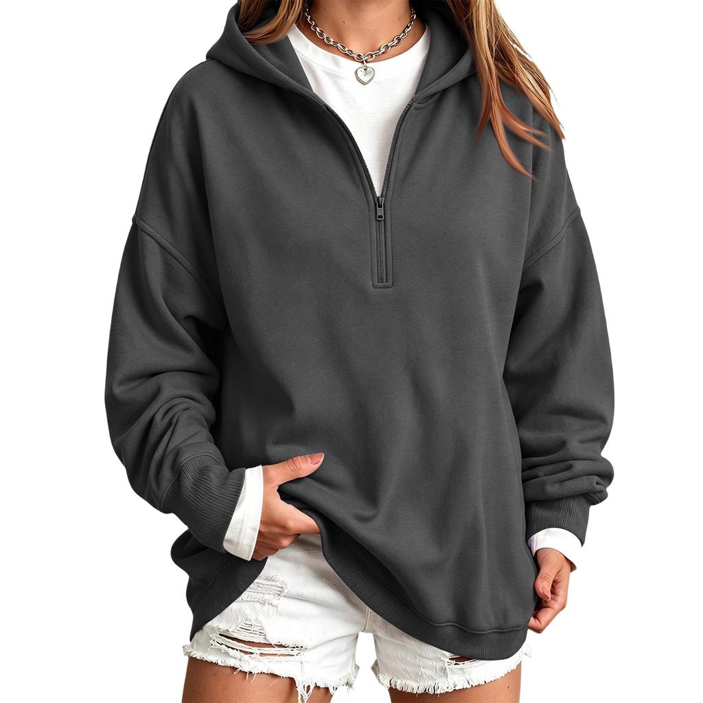 Women's Casual Half-Zip Hooded Pullover Sweatshirt, Color Long Sleeve