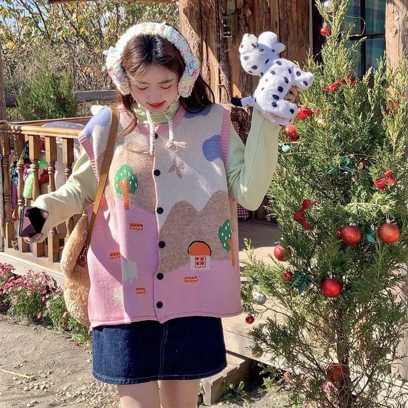 Autumn Winter Jacquard Knit Cardigan Vest Women Oversized Sleeveless Sweater Coat