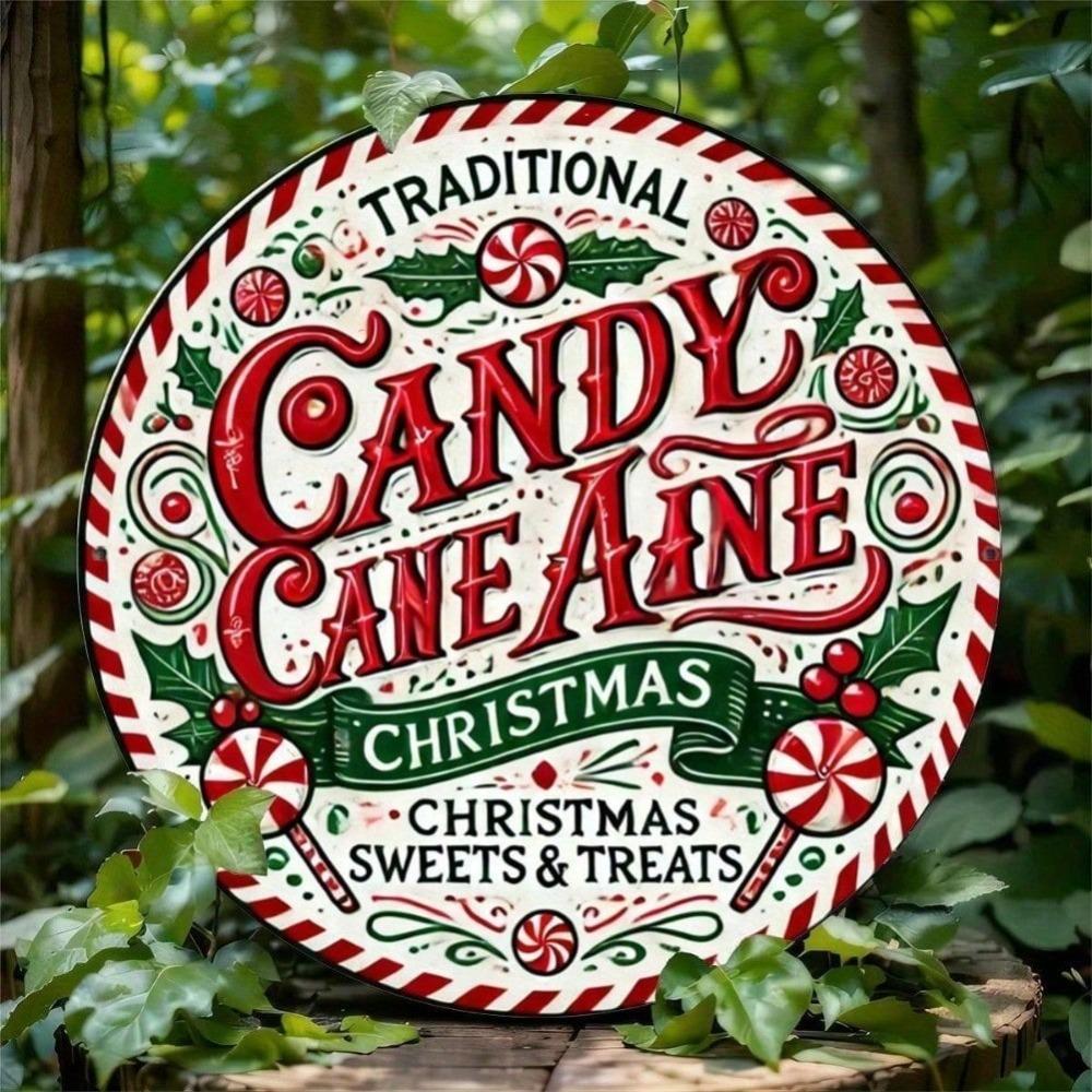 Christmas Tin Sign 8x8 Inch Round Gingerbread House Holiday Wreath Wall Art Home Bar Decoration