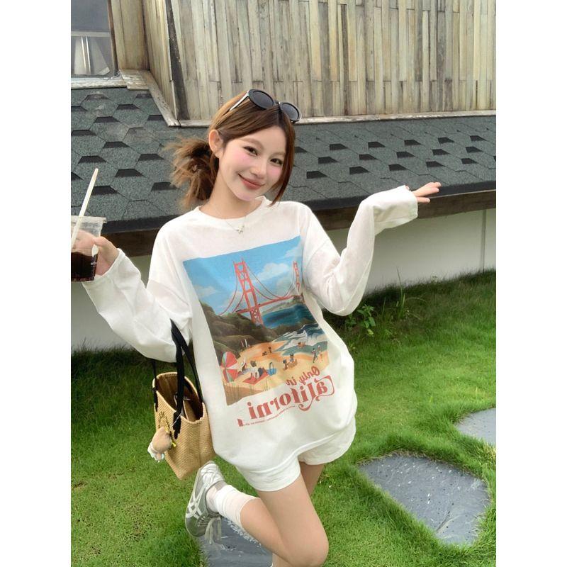 Kumikumi Casual Suit Printed Loose Long Sleeves T-shirt Women Fall White High-Waist Wide Leg Shorts Two-piece Set