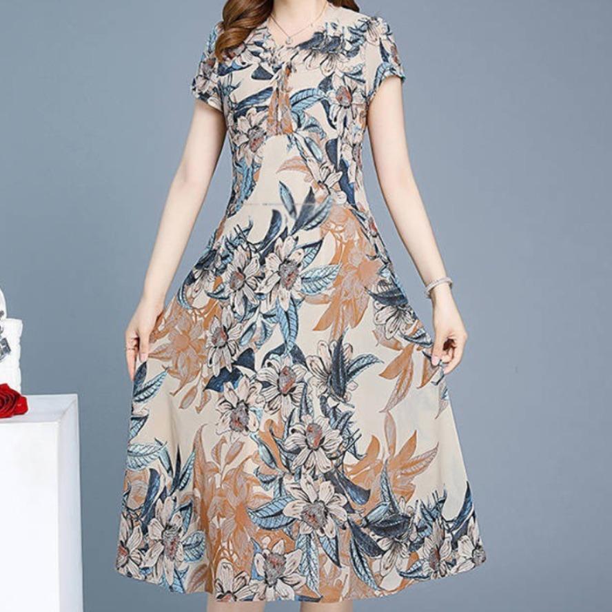 JKASHDK Women's Fashion Summer Spring Flower Pattern Print Short Sleeve O-Neck High Waist Casual Dresses
