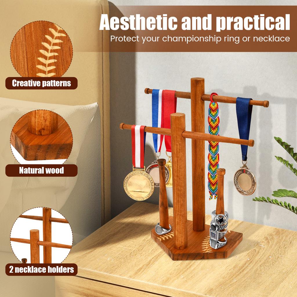 Baseball Ring Holder 2 Layer Wooden Softball Drip Necklace Display Organizer Championship Stacked Ring Stand Present for Player