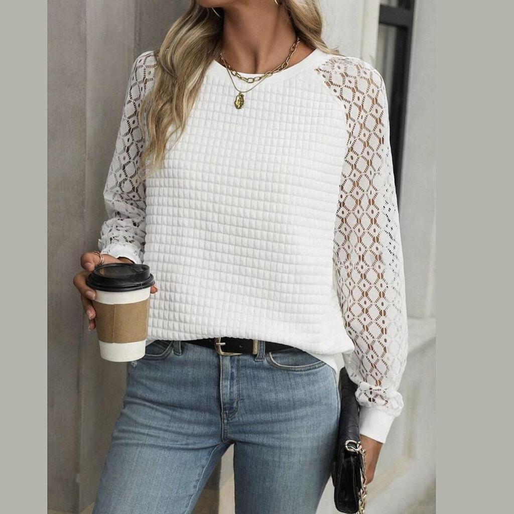 Women's Sweatshirt Solid Color Loose Rhombus Top Stitching Lace Sleeves Casual Pullover