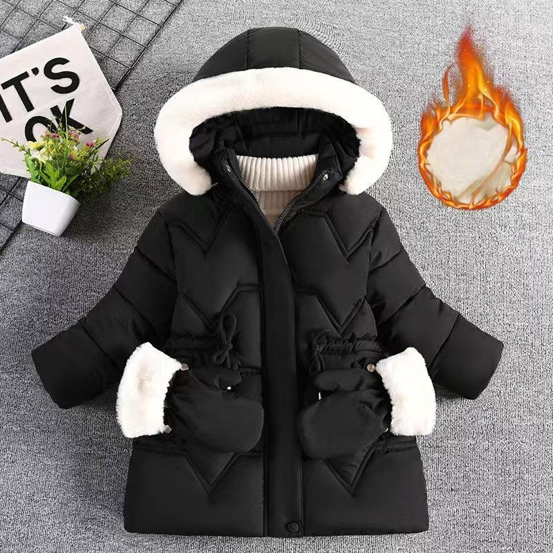 Girl'S Comfy Solid Color Long Sleeves Warm Hooded with Pockets & Gloves, Trendy Versatile Zip-Up Coat for Outdoors, Fall And Winter Best Choice