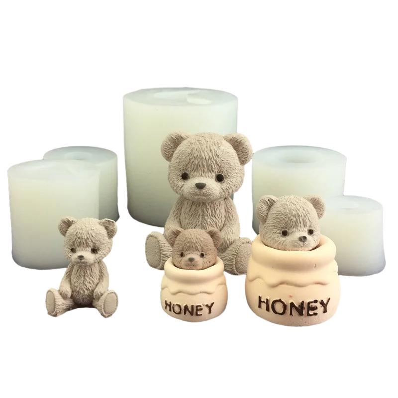 Cute Bear Honey Jar Silicone Candle Mold Chocolate Cake Ice Cube Mold Aromatherapy Plaster Drop Glue Mold Candle Making Supplies