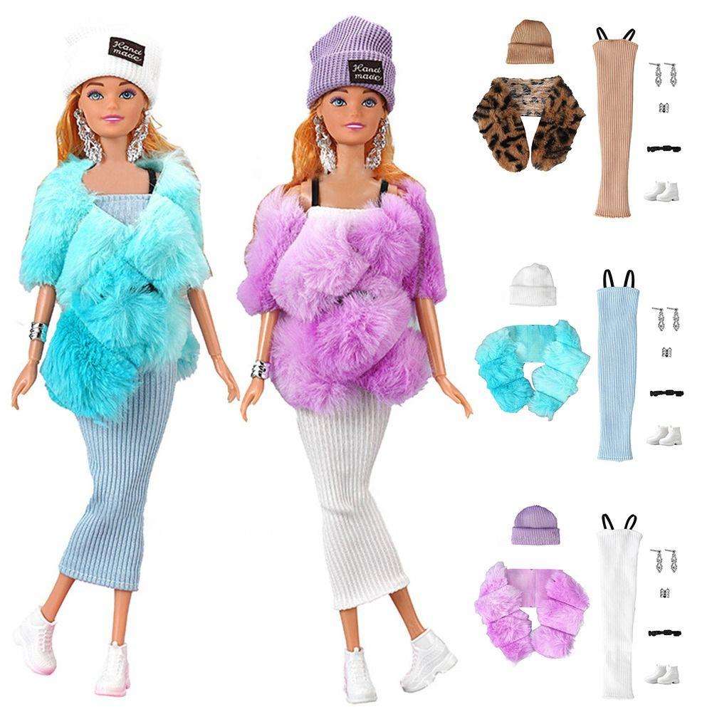 

Зимняя одежда ручной работы, повседневные платья, комплект шляп, новое плюшевое пальто, серьги, кукла 1/6 и кукла 29 ~ 32 см