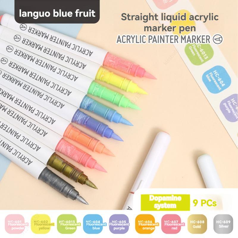 9Colors Straight Liquid Brush Acrylic Paint Pens Set Markers for Rock Painting Wood Canvas Stone DIY Crafts Making Art Supplies