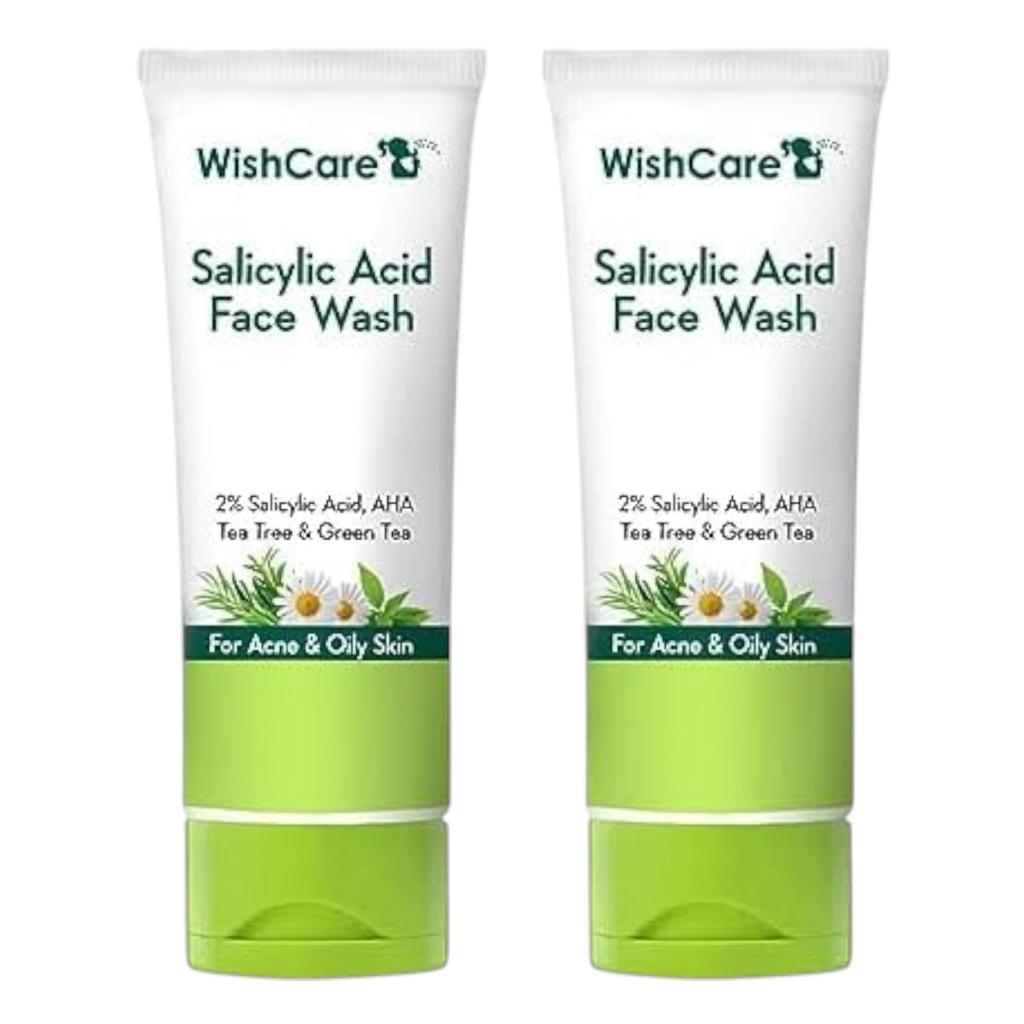 WishCare 2% Salicylic Acid Face Wash 100ml Pack of 2 for Oily & Acne Prone Skin with AHA Green Tea Chamomile
