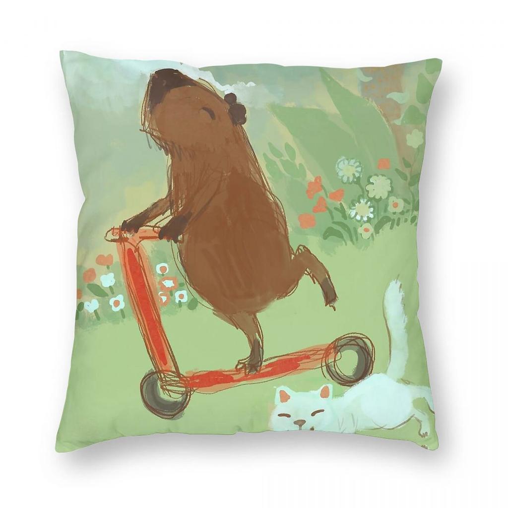 Capybara On A Scooter Square Pillowcase Polyester Linen Velvet Printed Zip Decorative Car Cushion Cover