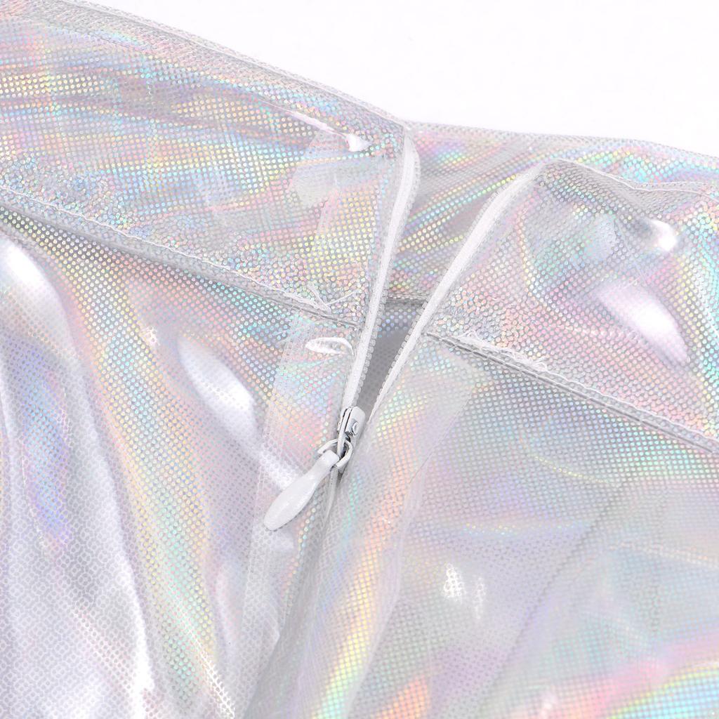 Women See Through Flared Skirt Clubwear Glossy Shiny High Waist Zipper Back Miniskirt