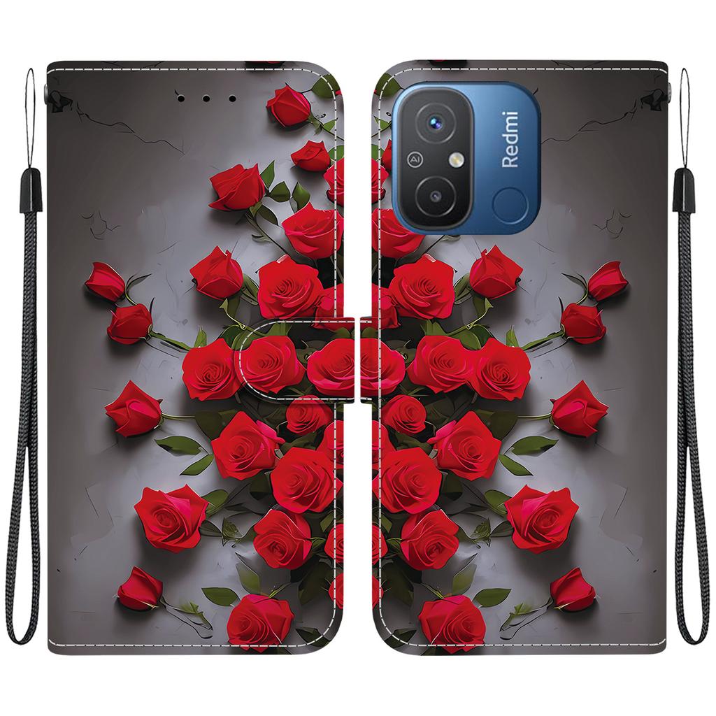Handmade PU Leather Flip Case for Redmi 12C/Redmi 11A Anti-Slip Shockproof Cover with Wrist Strap & Heart/Rose Cat Designs