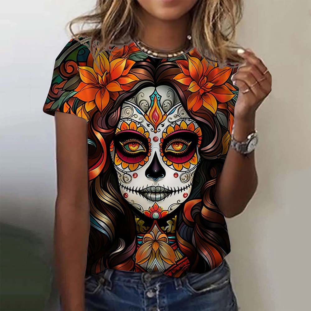 Fashion Women's T-shirt for Girls Summer Short Sleeve Casual Sexy Girls Clothes Horror Undead Skull Pattern Oversized T-shirts
