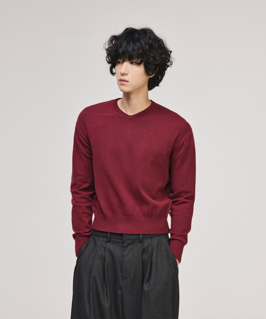 SIGNATURE Crop V-Neck Knit [Wine]