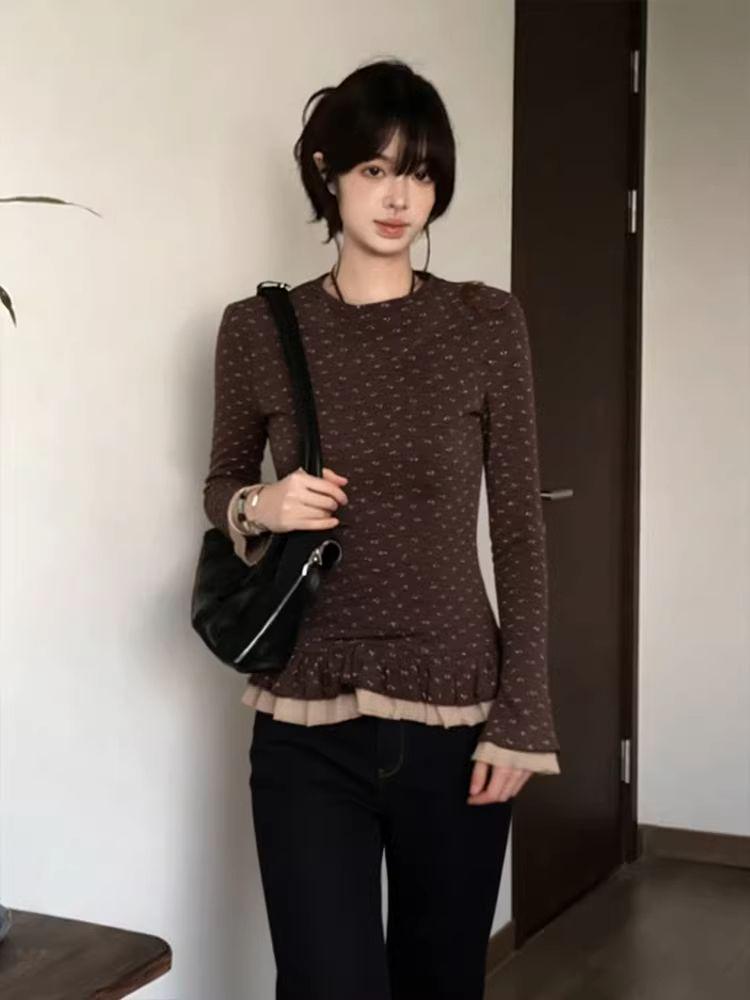 Women's Floral Lace Flannel Long-Sleeve Top - Slimming, Double-Layered Design for Autumn/Winter