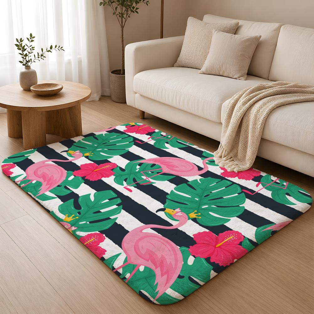 Cabana Stripe Flamingo Floor Mat Machine Washable Soft Flannel Area Rug, Non-Slip Absorbent Floor Mat for Living Room Bedroom