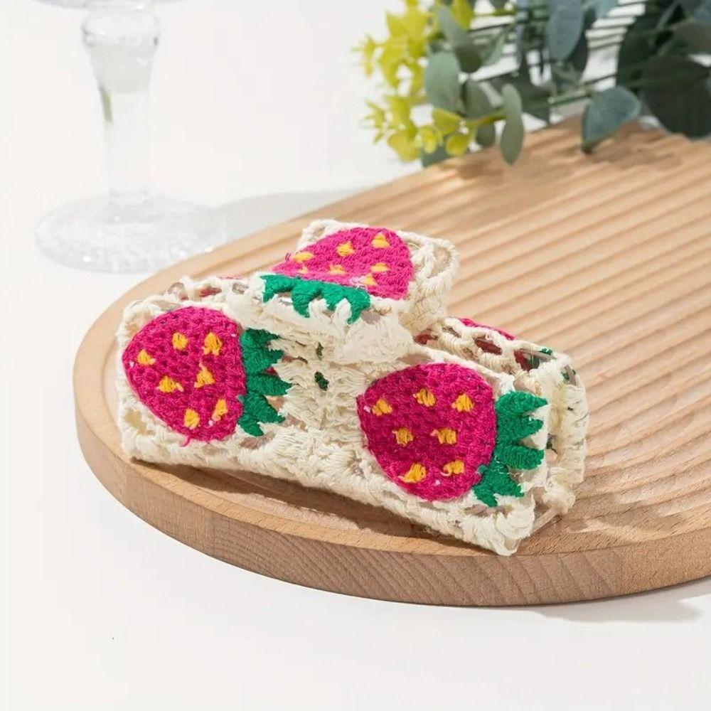 Strawberry Floral Knitted Crab Clip Flower Bohemian Style Hair Claw  Girls